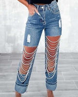 Light Blue Ripped Pearl String Jeans