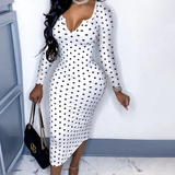 White Dot Patchwork V Neck Pencil Dress