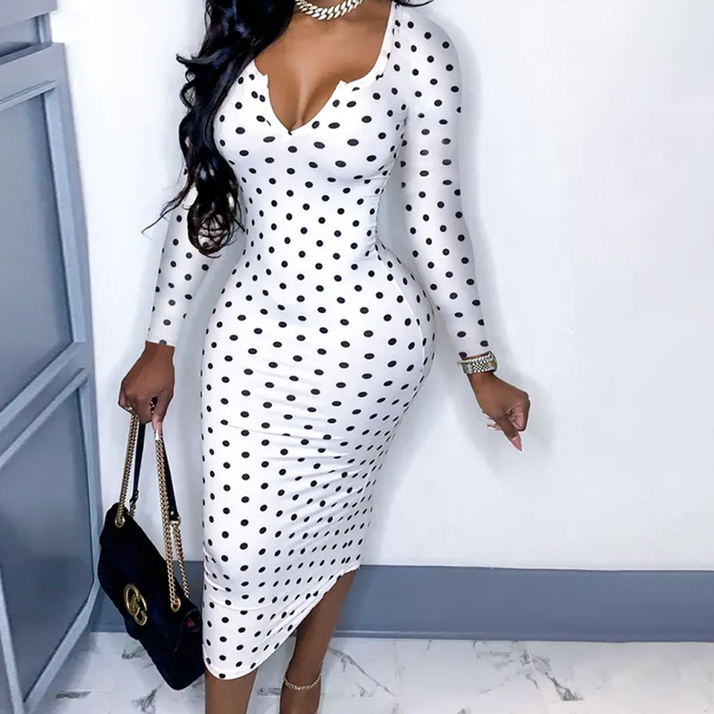 White Dot Patchwork V Neck Pencil Dress