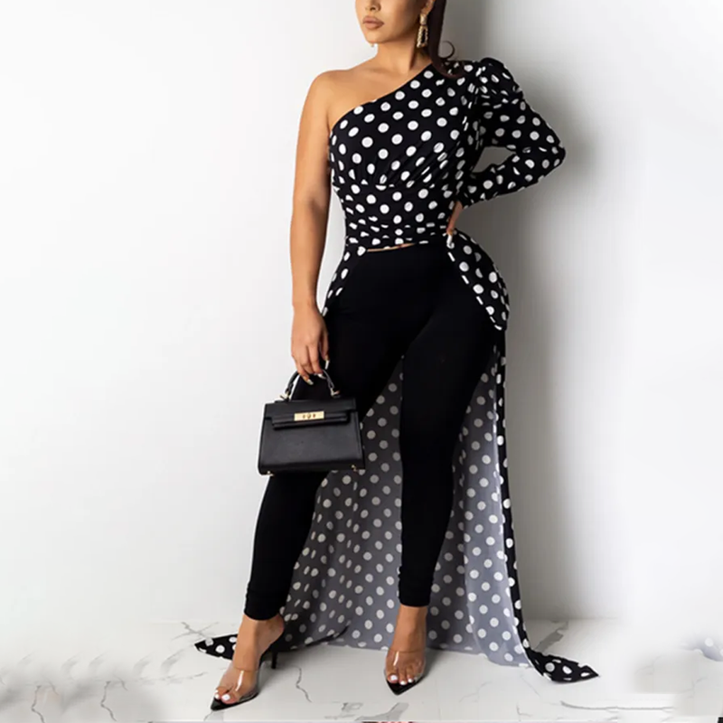 One Shoulder Black Polka Dot Top