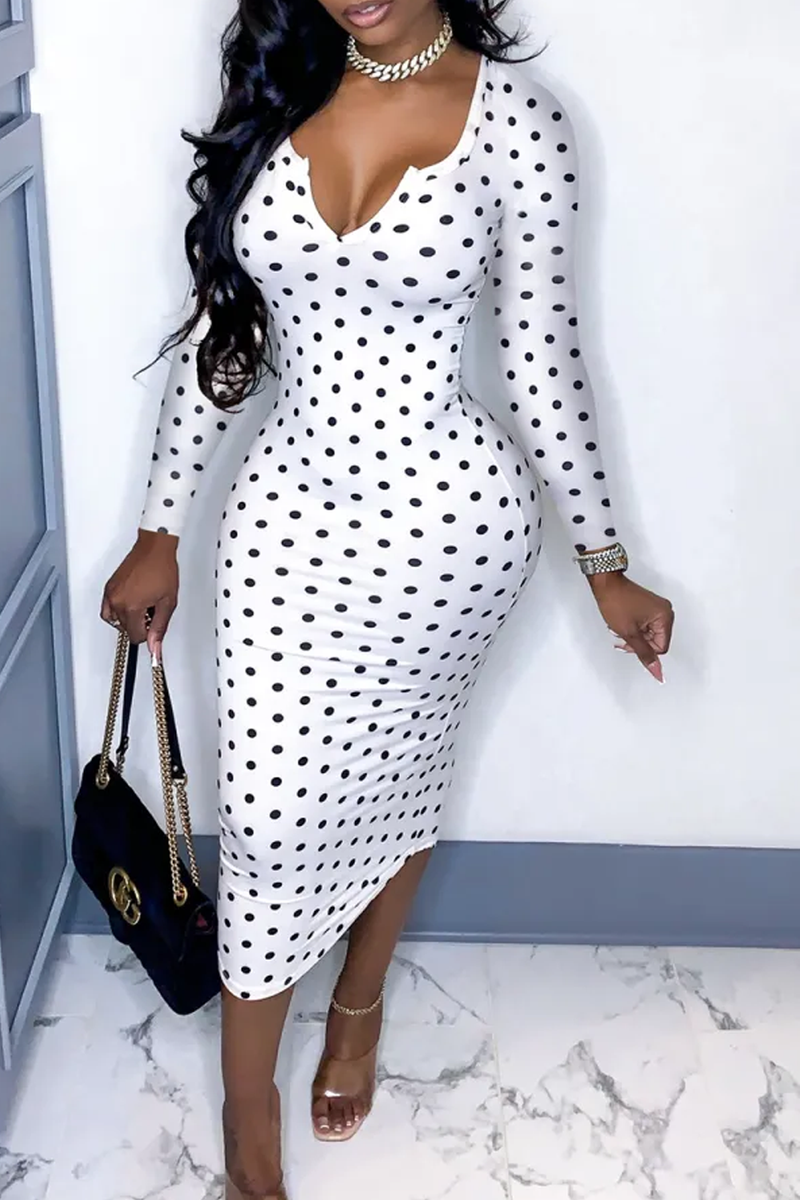 White Dot Patchwork V Neck Pencil Dress