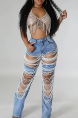 Light Blue Ripped Pearl String Jeans