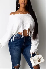 White Long Sleeve Tassel Top