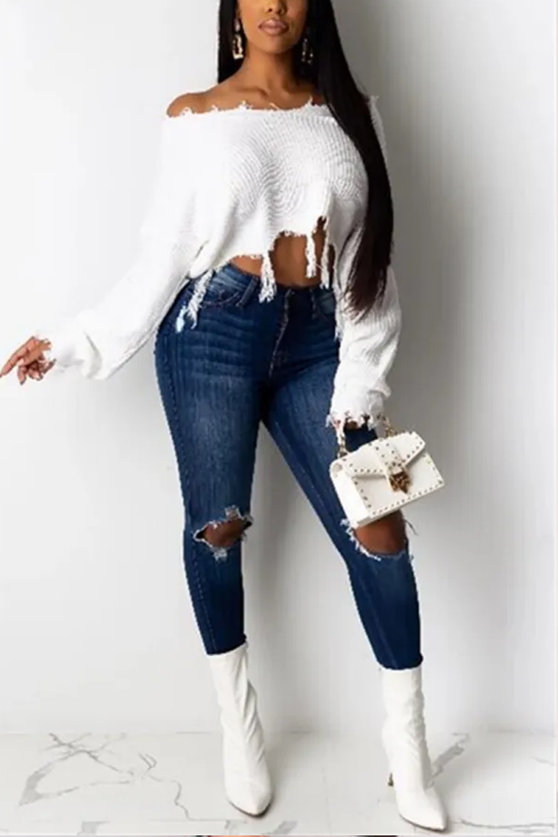 White Long Sleeve Tassel Top