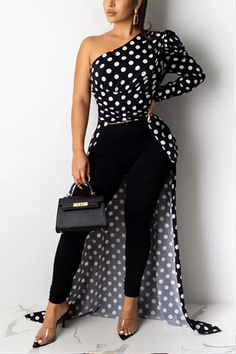 One Shoulder Black Polka Dot Top