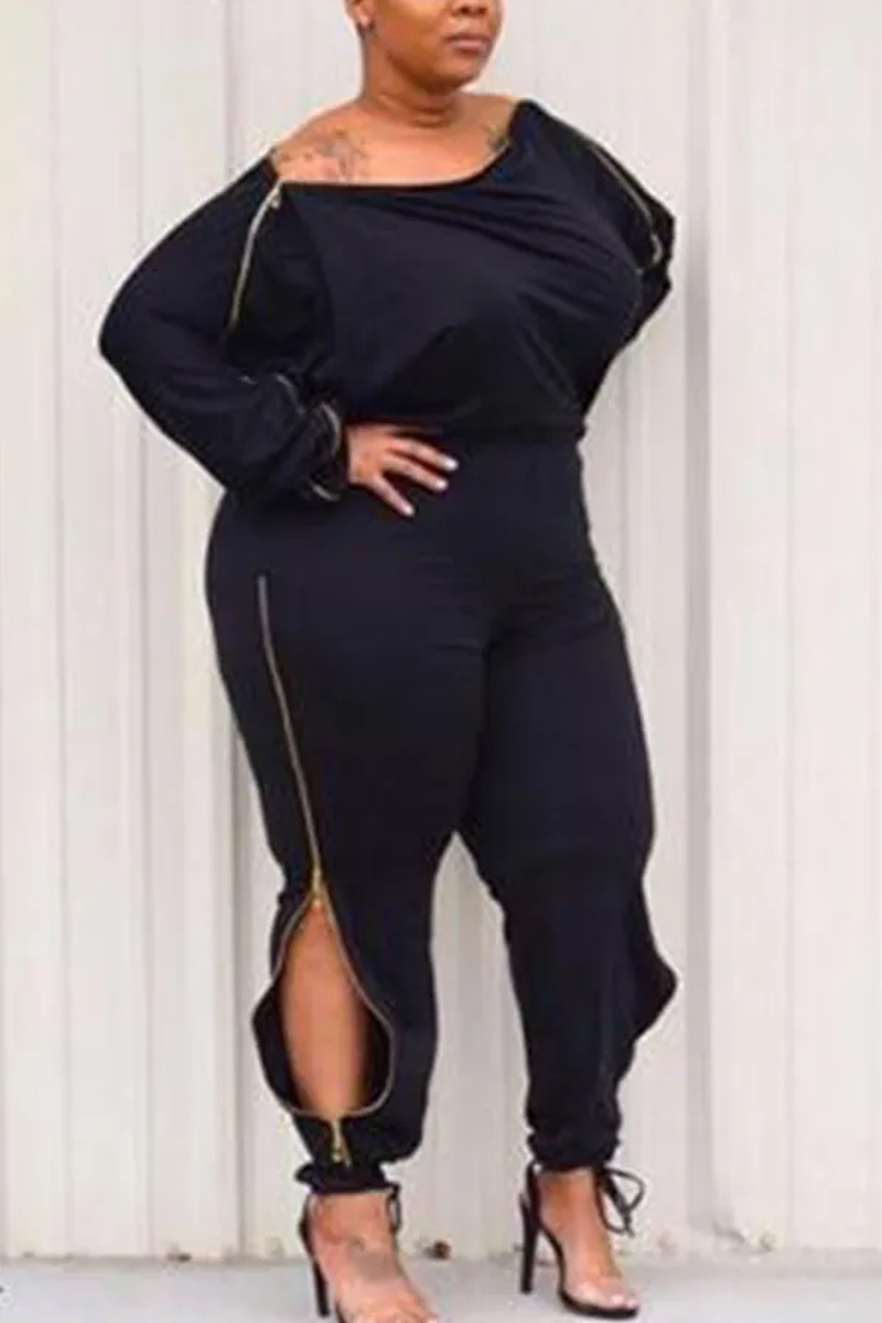 Zipper Long Sleeve Plus Size Jumpsuit