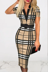 Khaki Sexy Plaid Dress With Belt