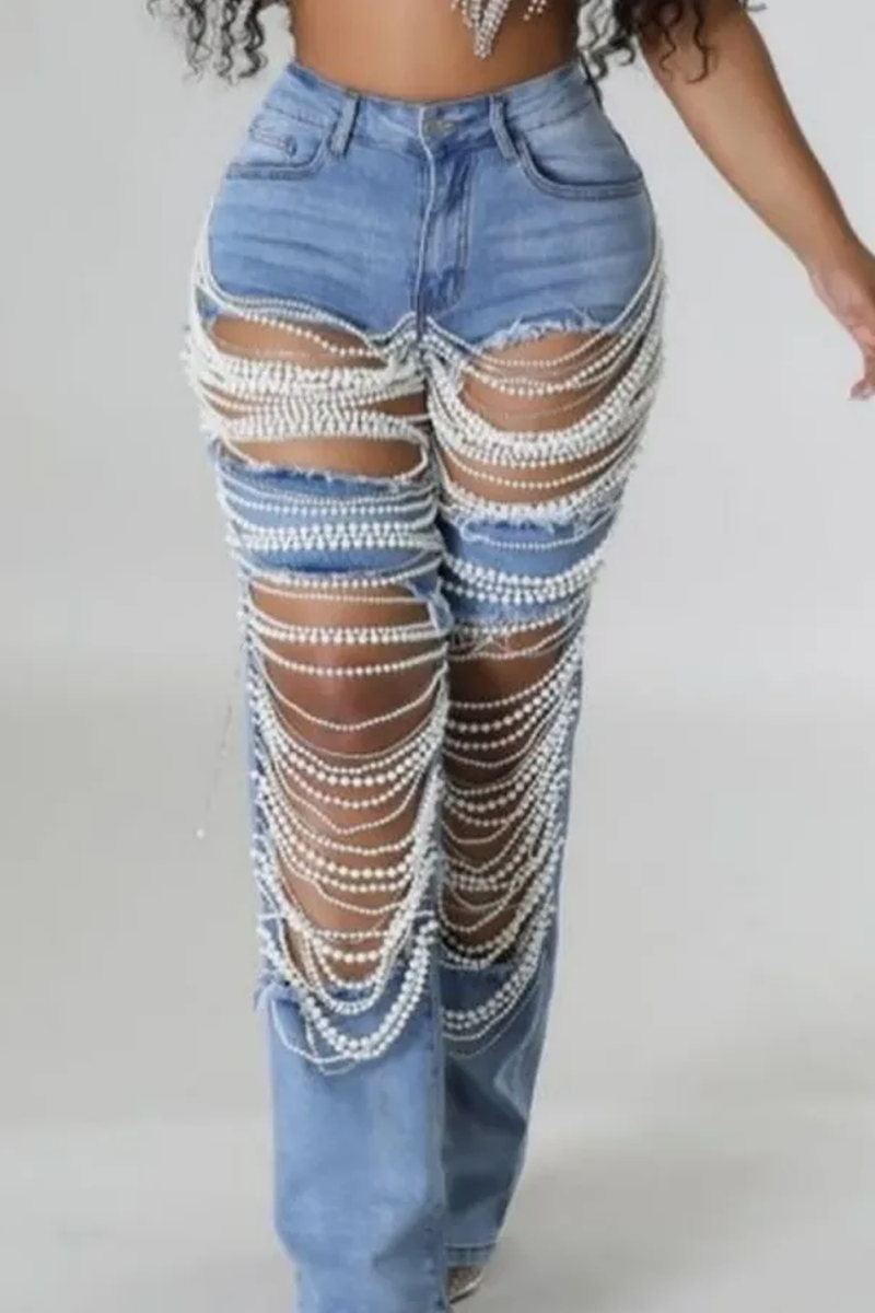 Light Blue Ripped Pearl String Jeans