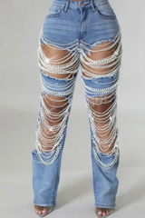 Light Blue Ripped Pearl String Jeans