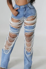 Light Blue Ripped Pearl String Jeans