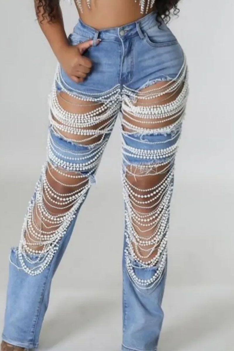 Light Blue Ripped Pearl String Jeans